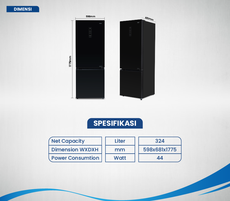 Kulkas AQUA Elektronik AQR-305IG Dimensi WxDxH 545x635x1465