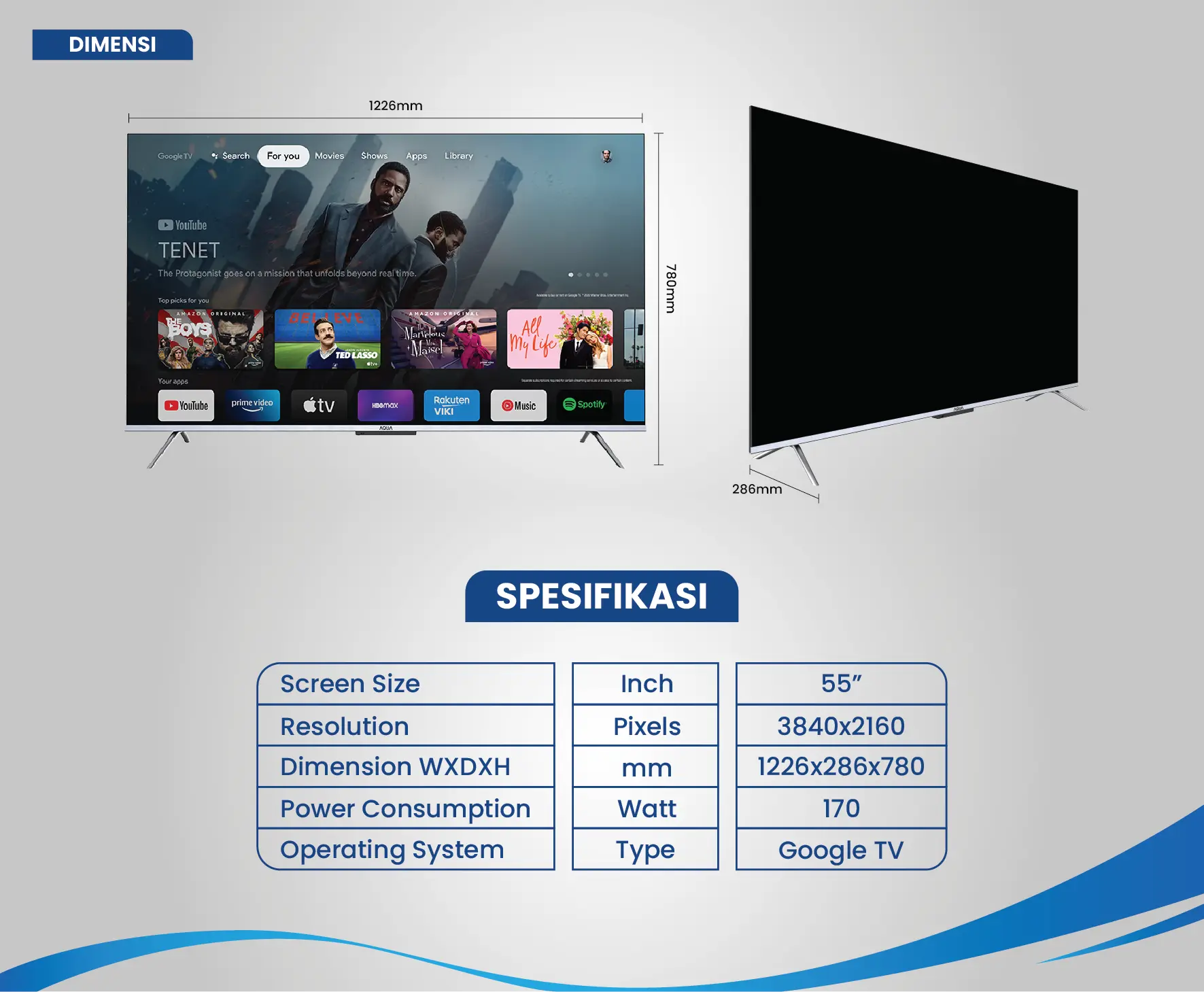 TV AQUA Elektronik AQT55P750UX Dimensi WxDxH 957x219x612 mm